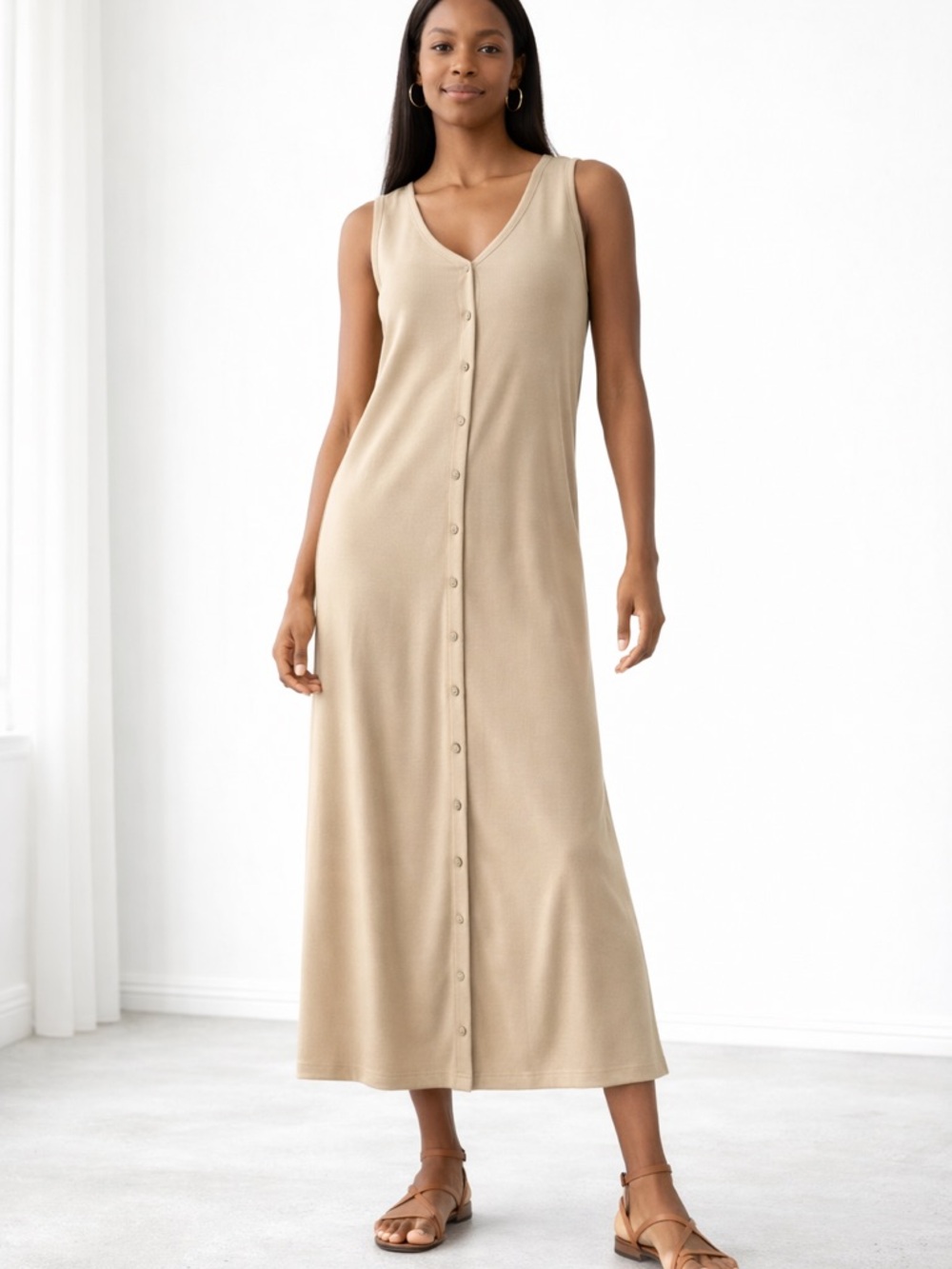 Banana Republic Beige Midi Dress Sleeveless Button Down Jersey Knit Size S/P
